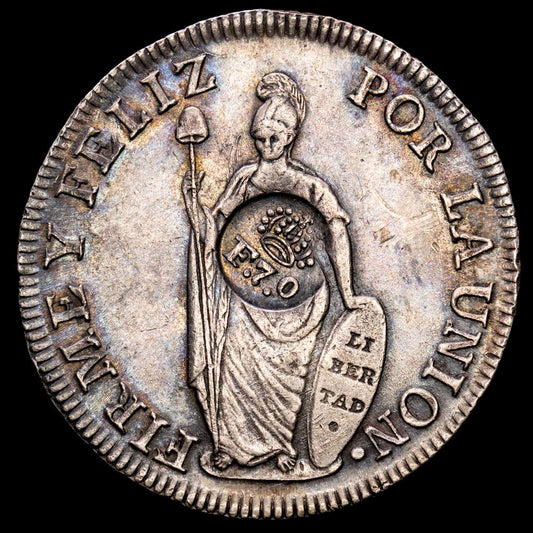 8 Reales. (1832-1834). MANILA. 26,37grs. Resello F.7º superado de corona sobre 8 Reales PERÚ 1833 Lima-MM KM-83 de Filipinas. MBC+. Tono.
