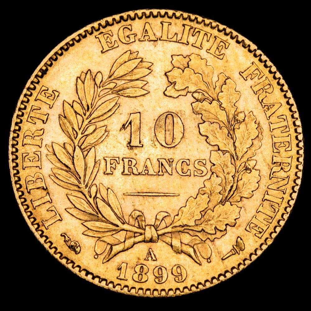República de Francia. 10 Francos . (3,22g.). París · A ·. 1899. KM-830. UNC. Brillo original.