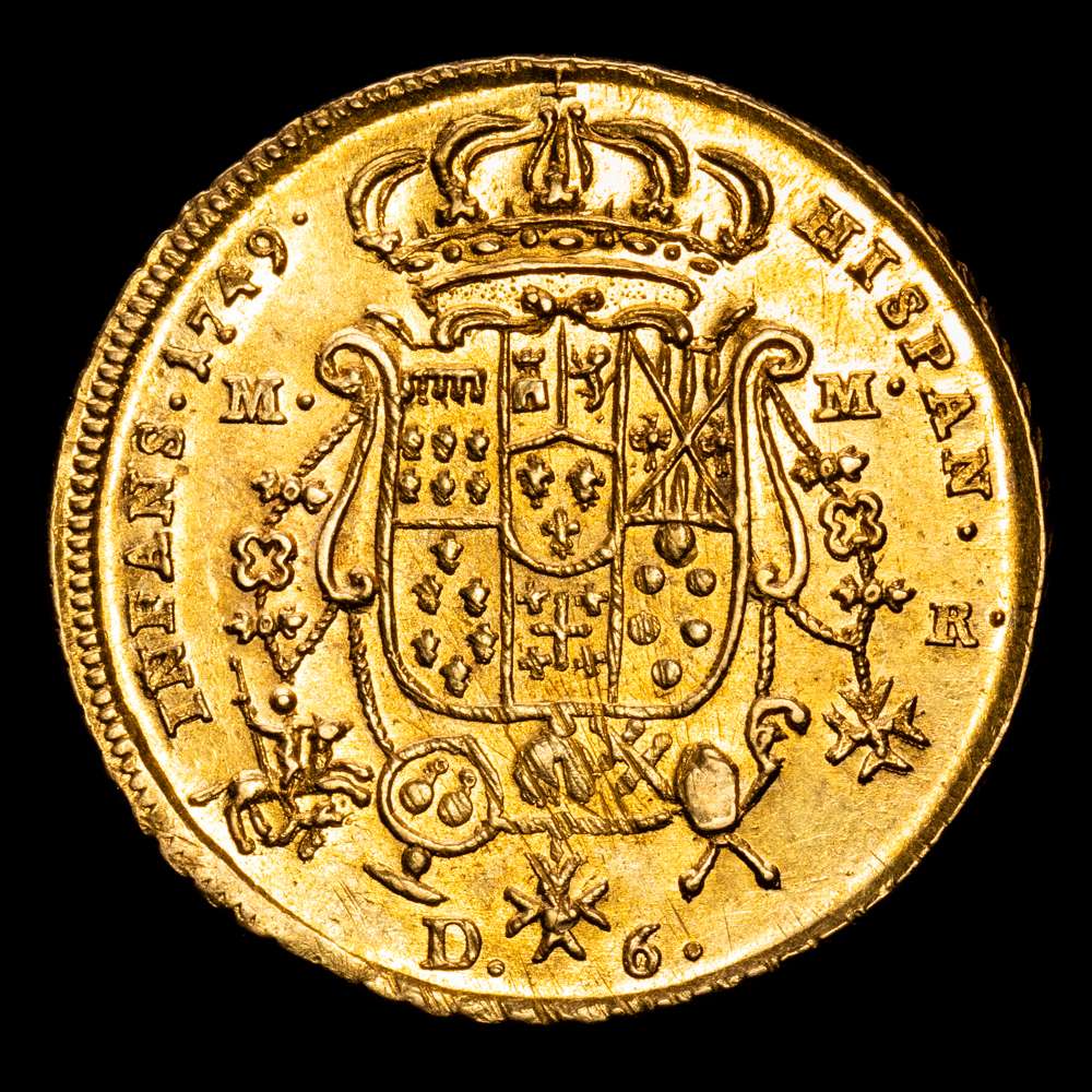 Reino de Nápoles – 1749. Carlos III. Nápoles. DeG/M-M/R. 6 ducados. (8,86 g.).(Vti. 120) (MIR. 331). Muy bella. Brillo original. Rara así. S/C-.