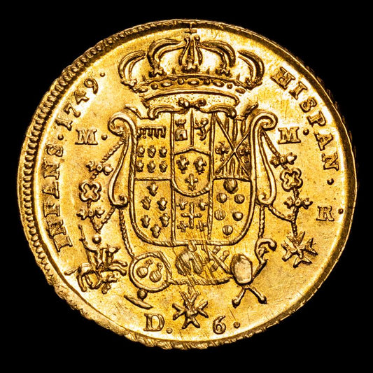 Reino de Nápoles – 1749. Carlos III. Nápoles. DeG/M-M/R. 6 ducados. (8,86 g.).(Vti. 120) (MIR. 331). Muy bella. Brillo original. Rara así. S/C-.