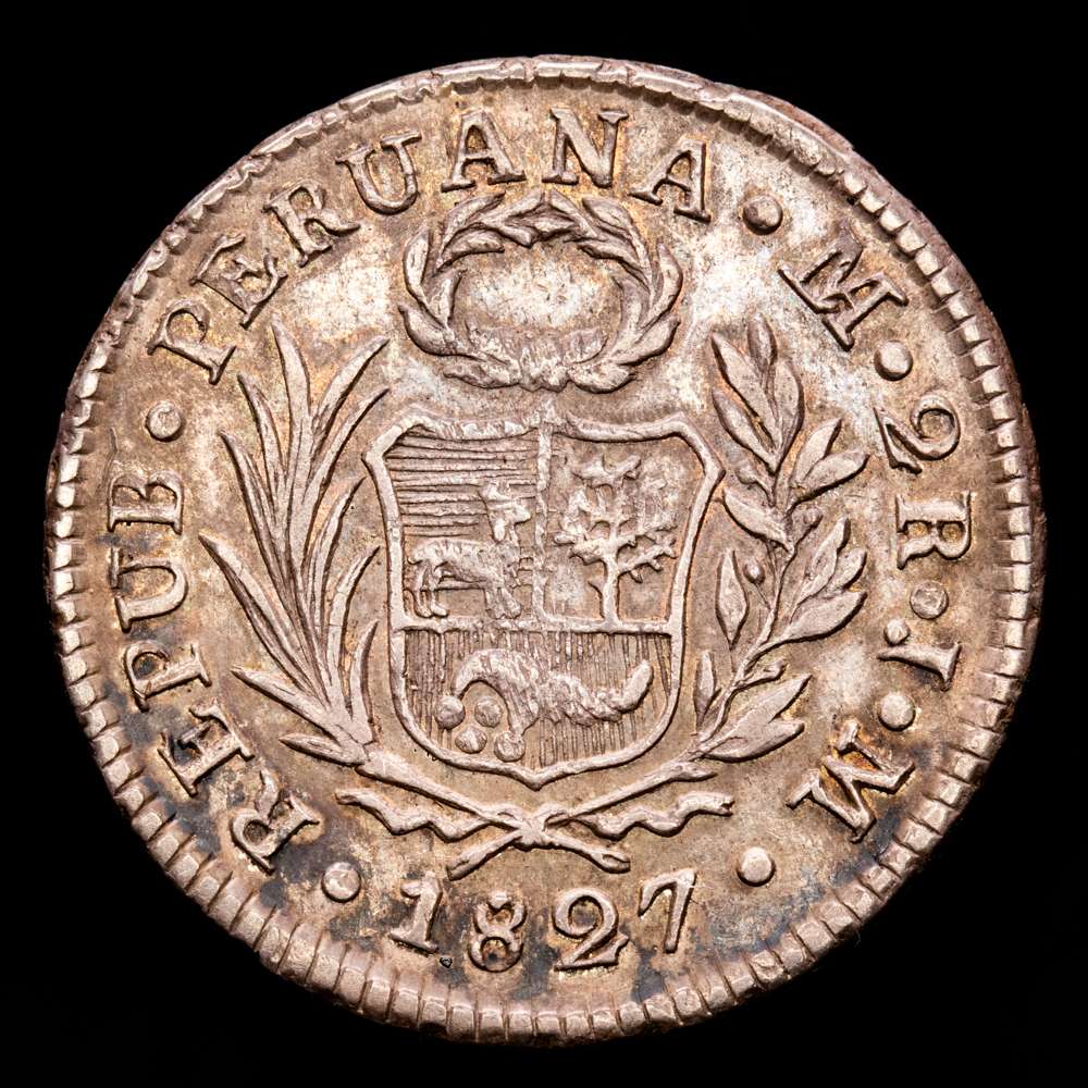 Perú. 2 Reales. (6,48 g.). Lima. 1827. J·M. KM-141.1. EBC-. Escasa